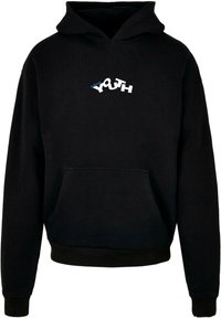 Felpa nera con tasca a marsupio, caratterizzata da un testo "YOUTH" colorato in bianco e blu, materiale in cotone, polsini e orlo a costine.