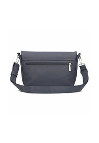 Borsa a tracolla blu navy realizzata in materiale liscio con tasca frontale con zip e tracolla regolabile. Presenta dettagli di cucitura sottili.