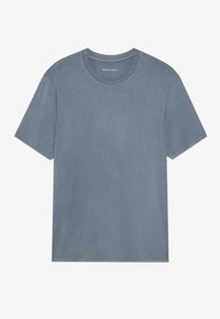 Short-sleeved gray t-shirt with a crew neckline, featuring a simple design and a smooth texture. No graphics or patterns visible.