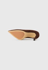 Brun semsket spiss tå pumps med tynn hæl og beige såle. Designet har en glatt tekstur og en minimalistisk stil.
