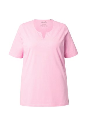 Rosa Baumwoll-T-Shirt mit V-Ausschnitt und kurzen Ärmeln, das eine glatte Textur und ein einfaches, ungeschmücktes Design aufweist.