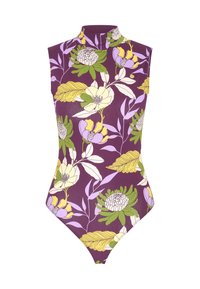 Mekko ilman hihoja, purppuranvärinen, jossa on kukkakuvio keltaisilla, valkoisilla ja vihreillä elementeillä; korkea kaula-aukko ja vartaloa myötäilevä muoto.