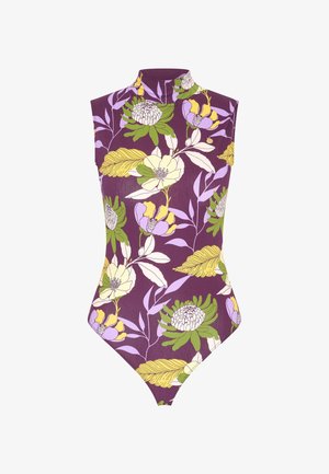 Sleeveless bodysuit in purple with floral pattern featuring yellow, white, and green elements; high neck design and form-fitting shape.