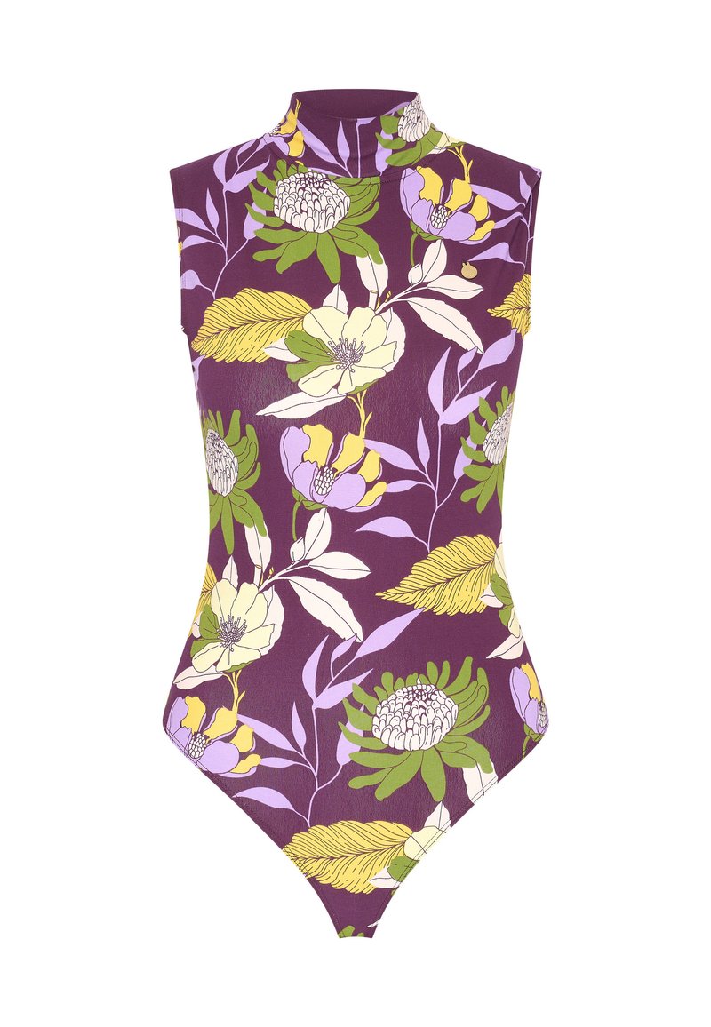 Mekko ilman hihoja, purppuranvärinen, jossa on kukkakuvio keltaisilla, valkoisilla ja vihreillä elementeillä; korkea kaula-aukko ja vartaloa myötäilevä muoto.