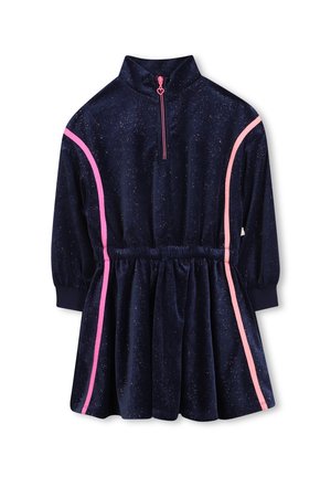 Navy blue long-sleeve dress with pink side stripes, elastic waist, glitter details, and a front zipper with heart-shaped pull tab.