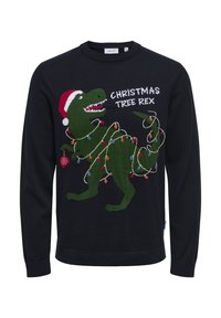 Pulover negru tricotat, cu un dinozaur verde purtând o pălărie roșie de Crăciun, decorat cu lumini multicolore și textul "CHRISTMAS TREE REX."