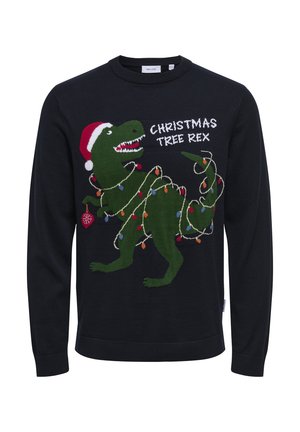 Schwarzer Strickpullover mit einem grünen Dinosaurier, der einen roten Weihnachtsmannhut trägt, geschmückt mit bunten Lichtern und dem Text "CHRISTMAS TREE REX."