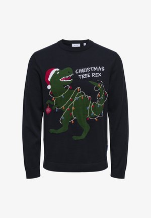 Pulover negru tricotat, cu un dinozaur verde purtând o pălărie roșie de Crăciun, decorat cu lumini multicolore și textul "CHRISTMAS TREE REX."