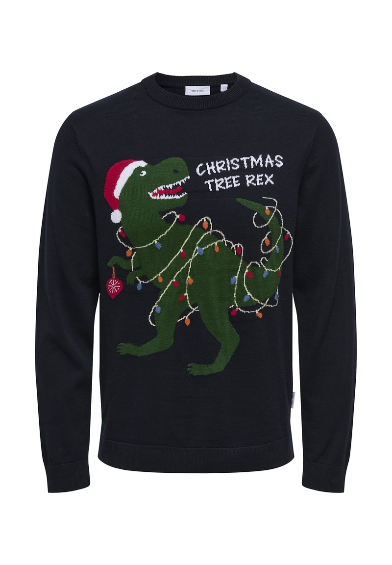 Pulover negru tricotat, cu un dinozaur verde purtând o pălărie roșie de Crăciun, decorat cu lumini multicolore și textul "CHRISTMAS TREE REX."