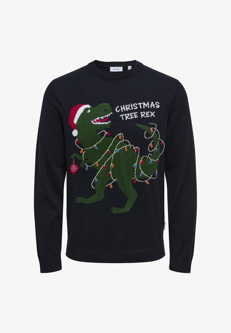 Jersey de punto negro con un dinosaurio verde que lleva un sombrero rojo de Navidad, decorado con luces multicolores y el texto "CHRISTMAS TREE REX."