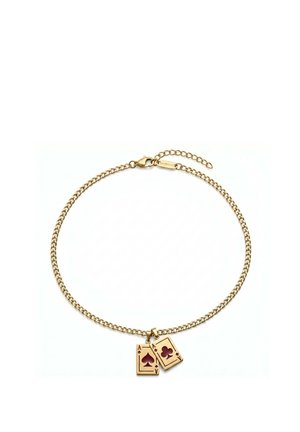 Guld kæde halskæde med to spillekort charms, der viser spar es og clubs es.