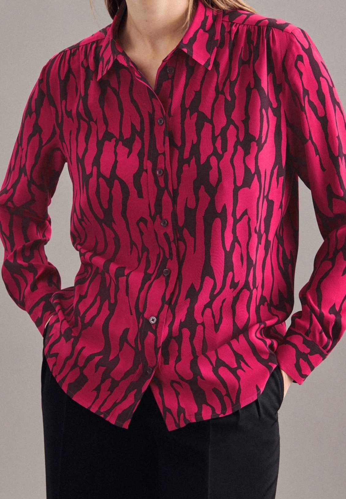 downblouse red dress Universal Standard Plus Size Stretch Cupro Button-Down Blouse