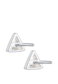 Silberne, dreieckige Manschettenknöpfe mit transparenten Einsätzen und strukturiertem Design. Gezeichnet mit "925", was auf Sterling Silber hinweist.