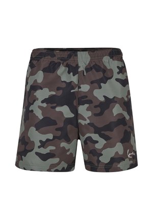 Heren short met elastische taille in groen, bruin en zwart camouflagepatroon en klein wit handtekeninglogo op het onderste rechterbeen.
