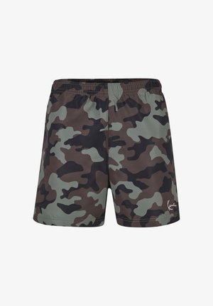 Herrenshorts mit elastischem Bund, grün-braun-schwarzem Camouflage-Muster und kleinem weißen Signatur-Logo am unteren rechten Bein.