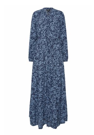 Vestido largo azul marino con estampado floral, mangas largas, botones en el frente y cinturón de lazo en la cintura.