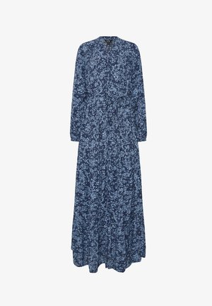 Vestido largo azul marino con estampado floral, mangas largas, botones en el frente y cinturón de lazo en la cintura.