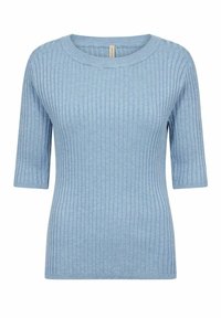 Hellblaues, geripptes Strickpullover mit Rundhalsausschnitt und kurzen Ärmeln, der einen figurnahen Schnitt und eine strukturierte Oberfläche aufweist.