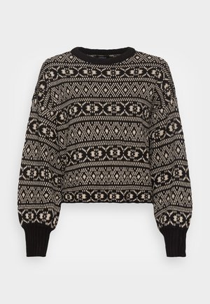 Zwart en crèmekleurig sweater met een gestructureerd gebreid patroon, voorzien van een cropped ontwerp, ronde halslijn en geribbelde manchetten.