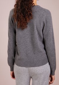 Pull en tricot gris à manches longues, col arrondi, ourlet ajusté et texture douce. Porté avec un pantalon gris clair.