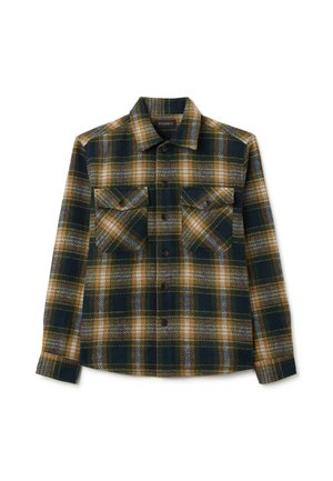 Herren-Flanellhemd mit Karomuster in Grün, Marineblau und Gelb. Lange Ärmel, zwei Brusttaschen und Knopfverschluss vorne.