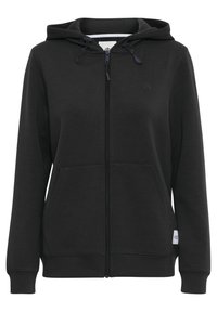 Black zip-up hoodie made of soft material, featuring a front zipper, two front pockets, and a drawstring hood. Subtle logo on the chest.