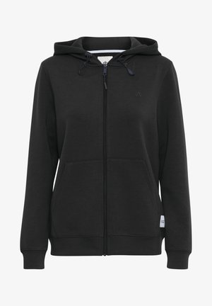 Black zip-up hoodie made of soft material, featuring a front zipper, two front pockets, and a drawstring hood. Subtle logo on the chest.