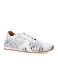 Weißer Sneaker mit Netzpaneelen, glattem Lederbesatz und beiger Gummisohle. Mit Schnürdesign und runder Spitze.