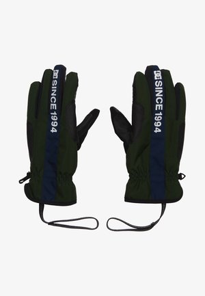 Groene en zwarte handschoenen met een geribbelde manchet, voorzien van blauwe "SINCE 1994" branding. Getextureerde palm voor grip en polsbandjes voor extra veiligheid.