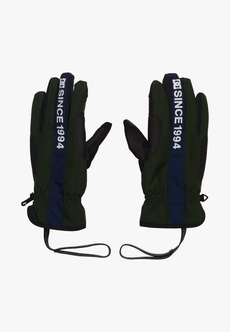 Grüne und schwarze Handschuhe mit geripptem Bündchen, versehen mit blauer "SINCE 1994"-Markierung. Strukturierte Handfläche für besseren Halt und Handgelenkriemen für zusätzliche Sicherheit.