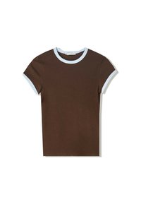 Brown cotton t-shirt with light blue ribbed neckline and sleeve accents. Short sleeves, fitted design, and smooth texture.