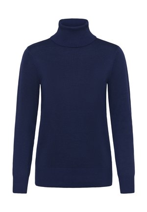 Pull à col roulé bleu marine en tissu tricoté doux, avec manches longues, col, poignets et ourlet côtelés. Texture lisse, coupe ajustée.