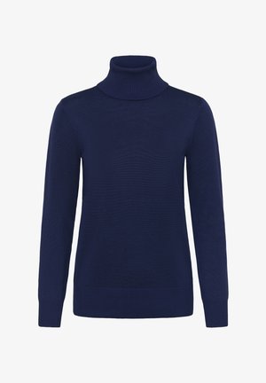 Pamučni pulover tamnoplave boje s rolkom, izrađen od mekane pletene tkanine, s dugim rukavima, rebrastim ovratnikom, manžetama i rubom. Glatka tekstura, uski kroj.