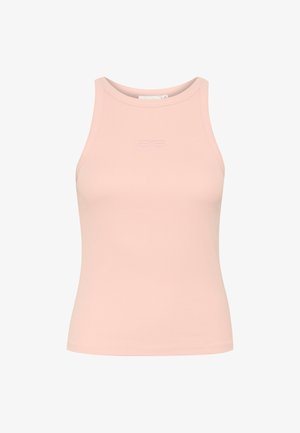 Helles rosa, geripptes Tanktop mit hohem Halsausschnitt, ärmellosem Design und dezent geprägtem Logo auf der Brust. Glatte, eng anliegende Textur.