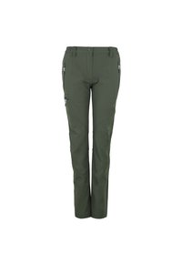 Pantaloni da esterno verdi realizzati in tessuto resistente, con un design aderente, tasche con zip e ginocchia rinforzate per una maggiore robustezza.