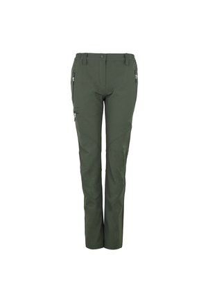 Pantalons d'extérieur verts en tissu résistant, dotés d'une coupe ajustée, de poches zippées et de genoux renforcés pour plus de solidité.