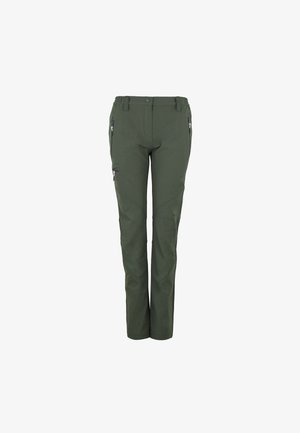 Pantalones verdes de exterior hechos de un tejido duradero, con un diseño ajustado, bolsillos con cremallera y rodillas reforzadas para mayor resistencia.