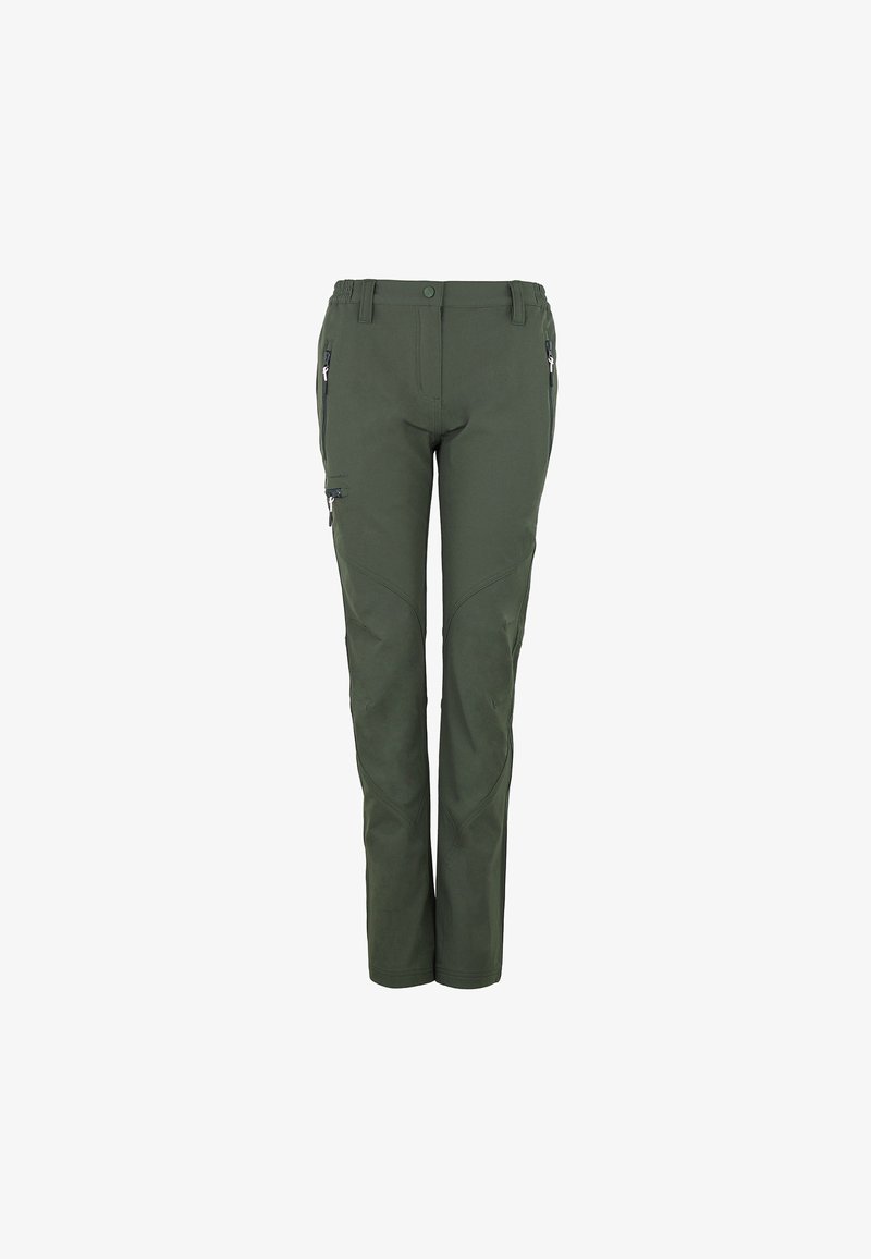 Pantaloni da esterno verdi realizzati in tessuto resistente, con un design aderente, tasche con zip e ginocchia rinforzate per una maggiore robustezza.