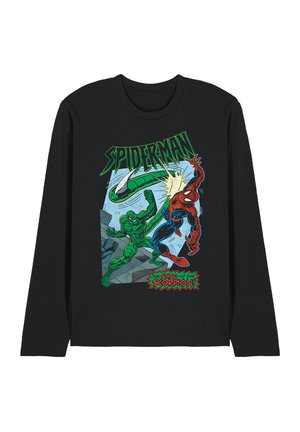 Schwarzes Langarmshirt mit einer Comic-Stil Grafik von Spider-Man, der gegen den grünen Skorpion kämpft, mit dem Text "Spider-Man" und "The Sting of the Scorpion."