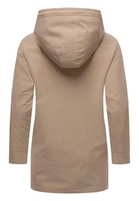 Bežna vodoodporna jakna s kapuco, dolgimi rokavi in ravnim krojem. Gladka tekstura in minimalistična zasnova. Ni vidne kovinske opreme.