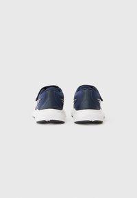 Navy athletic shoes with a soft mesh upper, white rubber sole, and a hook-and-loop strap closure for easy wear.