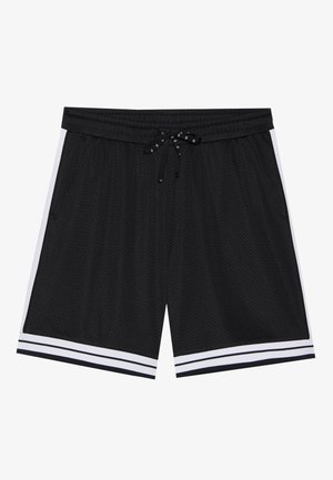 Schwarze Sportkurzshorts aus Mesh-Gewebe, mit einem elastischen Bund und Kordelzug, weißen Seitenstreifen und einer strukturierten Oberfläche.