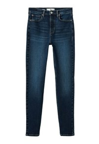 Vaqueros ajustados en denim azul oscuro con una textura suave, diseño de cinco bolsillos, cierre con botón y sutiles detalles de costura a lo largo de las costuras.
