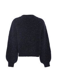 Schwarzer und blauer Strickpullover, cropped Design mit strukturiertem Material, weiten Puffärmeln und gerippten Kanten. Die Rückansicht zeigt die gesamte Form.