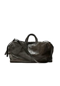 Black leather duffle bag with a smooth texture, featuring dual handles and a long shoulder strap. Rounded shape with a zippered top.