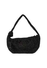 Borsa a forma rotonda decorata con perline nere e dotata di una tracolla annodata. La superficie presenta un motivo testurizzato con una leggera lucentezza.