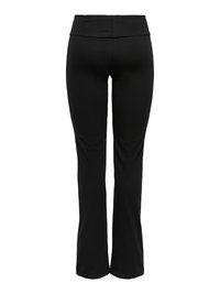 Pantalon noir extensible taille haute avec une jambe légèrement évasée, vu de dos sur fond blanc.