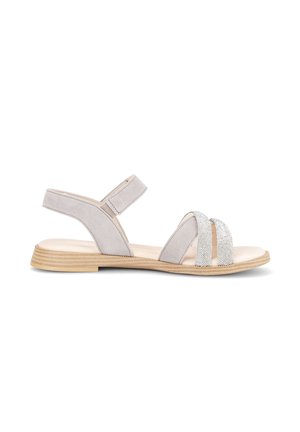 Light gray flat sandal with ankle strap, two textured toe straps, and a wooden sole on a white background.