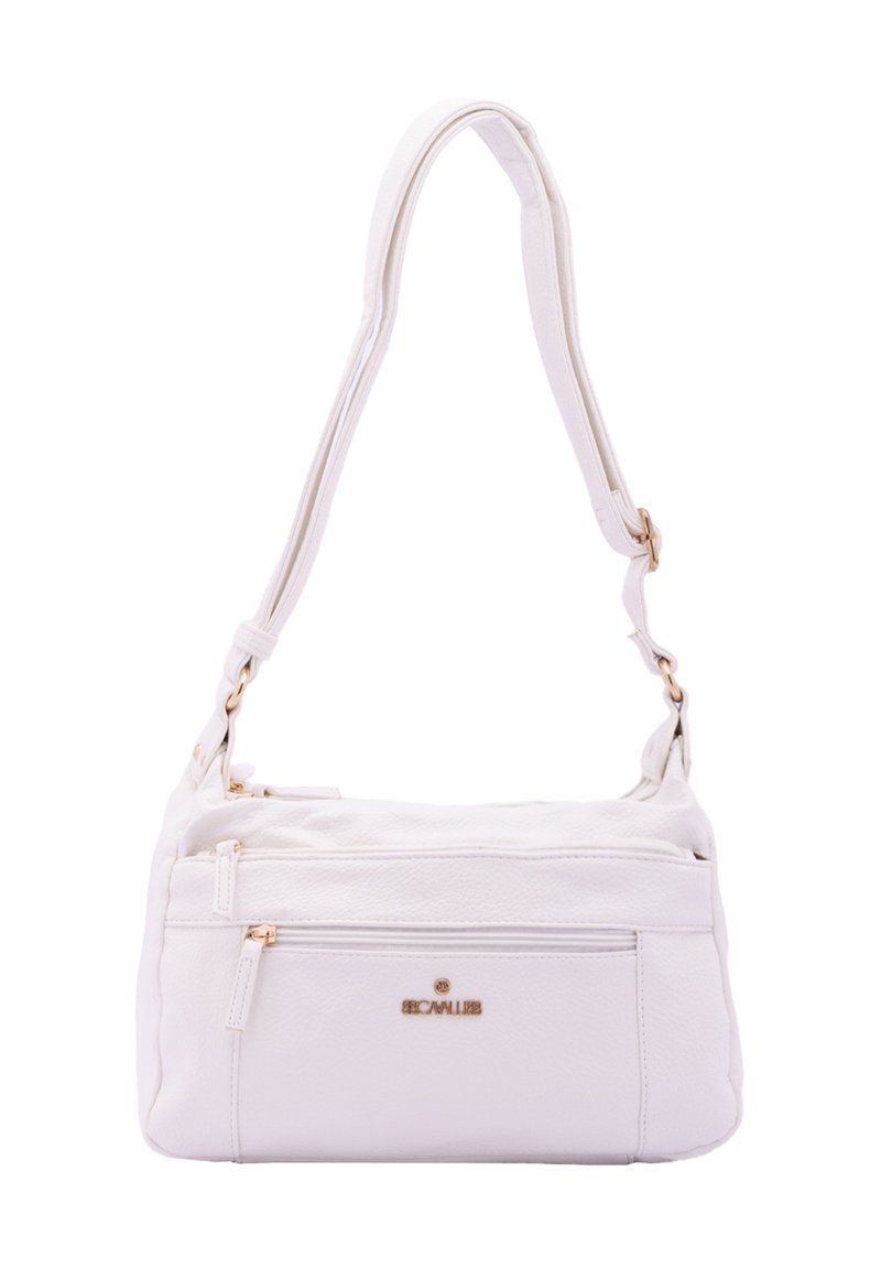Borsa a tracolla bianca in pelle con una finitura testurizzata, dotata di una tracolla removibile, hardware dorato e due scomparti con cerniera.