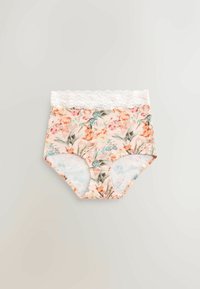 Culotte taille haute à motif floral avec fond crème et bordure en dentelle blanche à la taille, ornée de fleurs orange, rose et bleues.